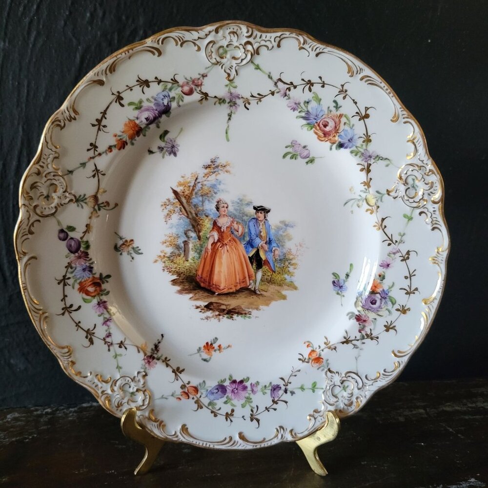 Antique Meissen Deep Plate Courting Couple Romantic Scene Floral Design 8.75"